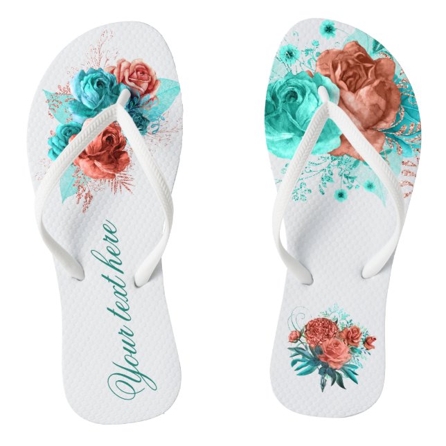 Turquoise and Coral Floral Tropical Wedding Favour Flip Flops (Footbed)