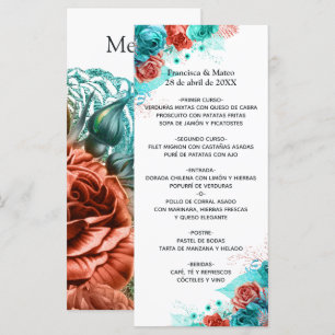 Turquoise and Coral Floral Tropical Wedding Menu