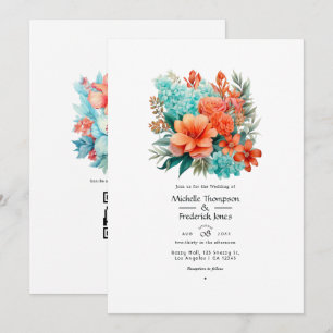 Turquoise and Coral Floral Wedding Invitation