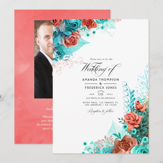 Turquoise and Coral Floral Wedding Photo Invitation (Front/Back)