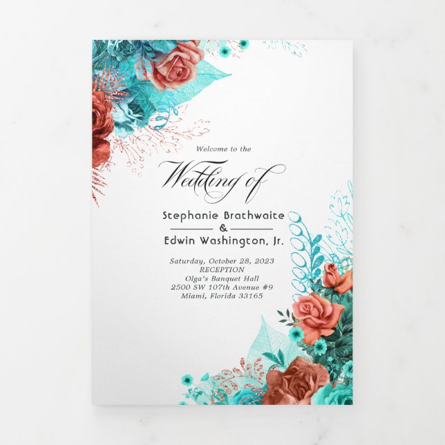 Turquoise and Coral Floral Wedding Program Tri-Fold Invitation (Cover)