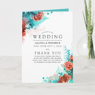 Turquoise and Coral Floral Wedding Programme
