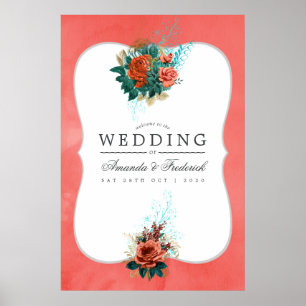 Turquoise and Coral Floral Wedding Welcome Poster