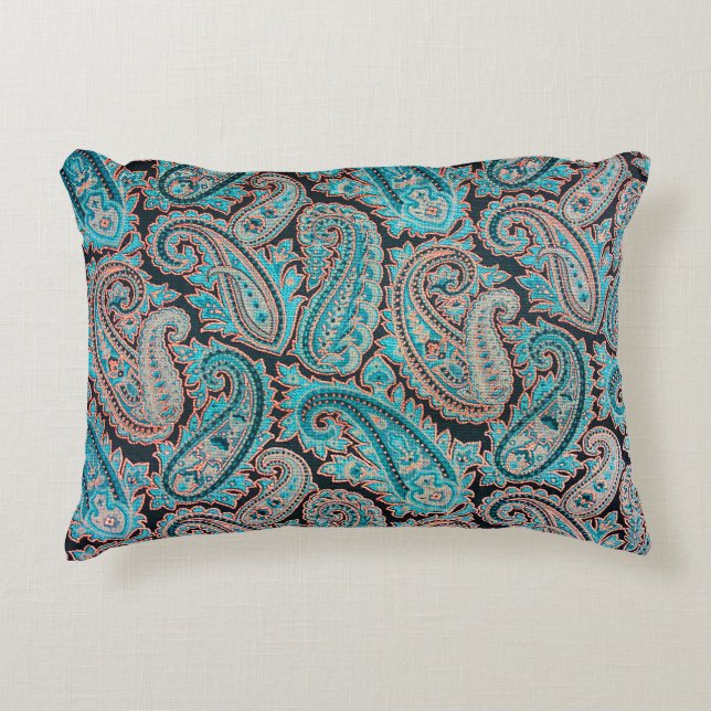 Turquoise and Coral Paisley Decorative Cushion (Front)