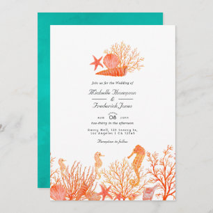 Turquoise and Coral  QR Code RSVP Beach Wedding Invitation