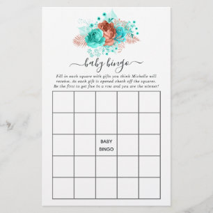 Turquoise and Coral Rustic Floral Shower Bingo
