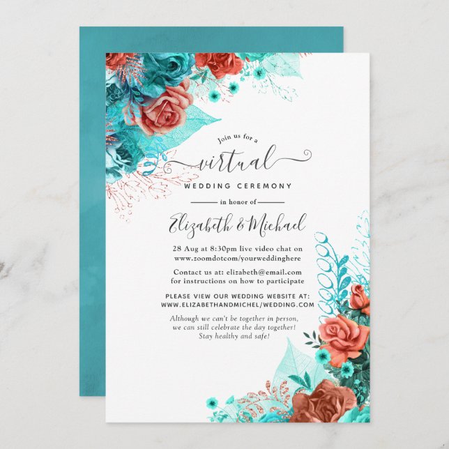 Turquoise and Coral Rustic Floral Virtual Wedding Invitation (Front/Back)