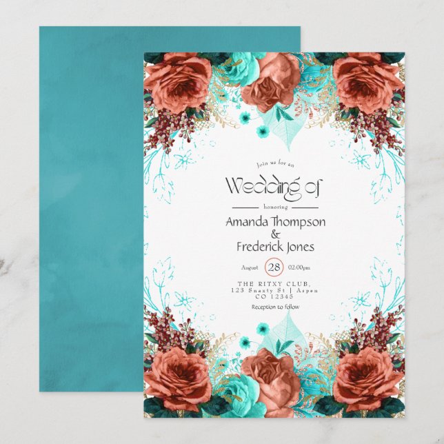 Turquoise and Coral Rustic Floral Wedding Invitati Invitation (Front/Back)