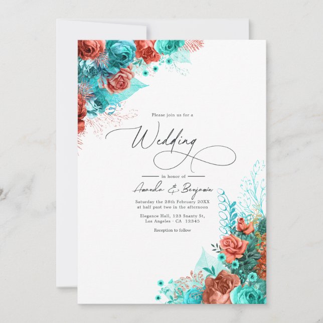 Turquoise and Coral Rustic Floral Wedding Invitation (Front)