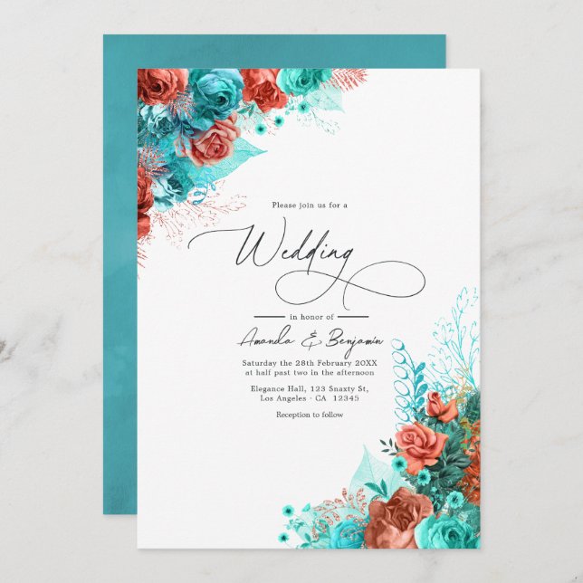 Turquoise and Coral Rustic Floral Wedding Invitation (Front/Back)