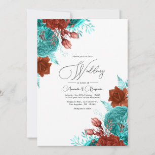 Turquoise and Coral Rustic Floral Wedding Invitation