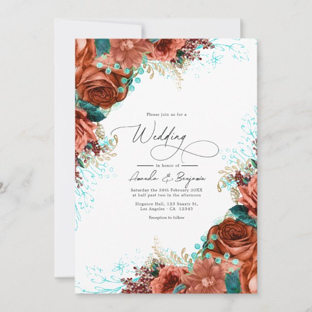 Turquoise and Coral Rustic Floral Wedding Invitation (Front)