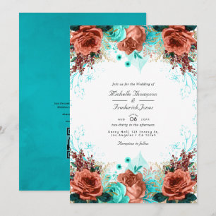 Turquoise and Coral Rustic Floral Wedding Photo In Invitation