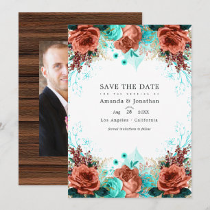 Turquoise and Coral Rustic Floral Wedding Photo Invitation