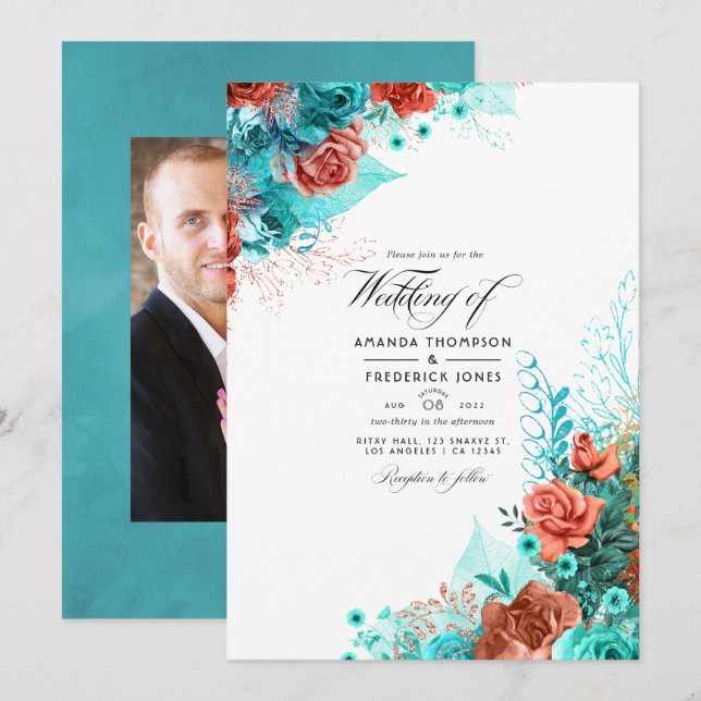 Turquoise and Coral Rustic Floral Wedding Photo Invitation (Front/Back)