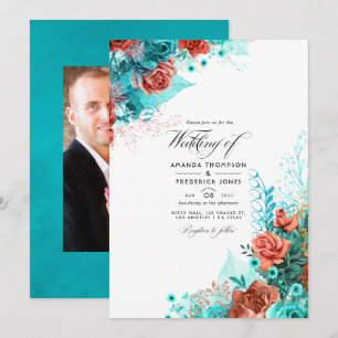 Turquoise and Coral Rustic Floral Wedding Photo Invitation