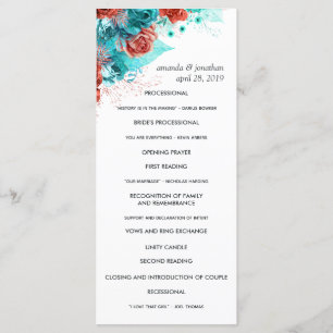Turquoise and Coral Rustic Floral Wedding Programme