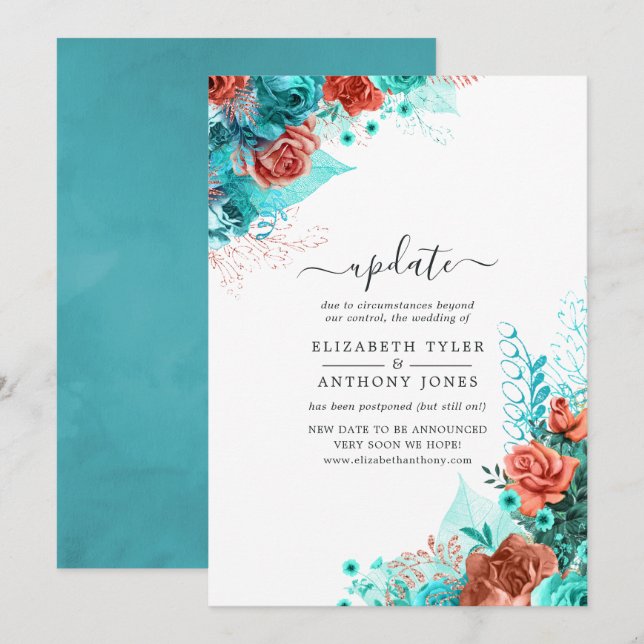 Turquoise and Coral Rustic Floral Wedding Update Invitation (Front/Back)