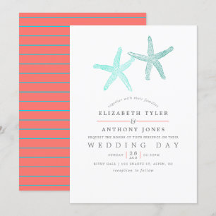 Turquoise and Coral themed Beach Wedding Invitation