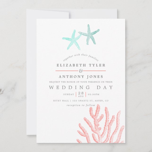 Turquoise and Coral themed Beach Wedding Invitation (Front)