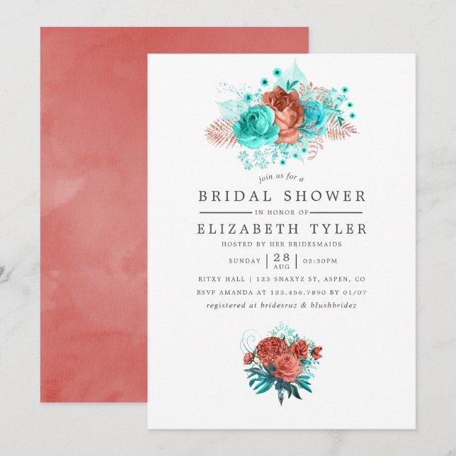 Turquoise and Coral Tropical Floral Bridal Shower Invitation (Front/Back)
