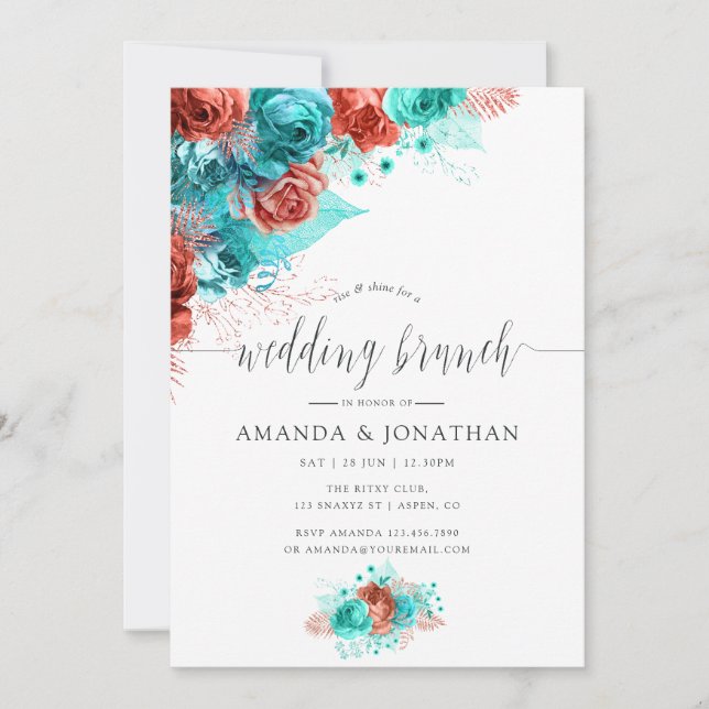Turquoise and Coral Tropical Floral Wedding Brunch Announcement (Front)