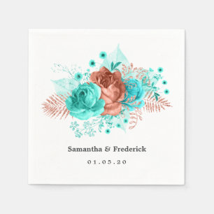 Turquoise and Coral Tropical Floral Wedding Napkin