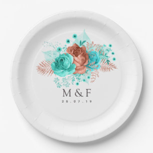 Turquoise and Coral Tropical Floral Wedding Paper Plate