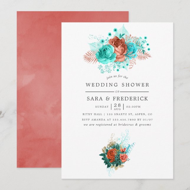 Turquoise and Coral Tropical Floral Wedding Shower Invitation (Front/Back)