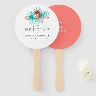 Turquoise and Coral Tropical Wedding Favour Hand Fan