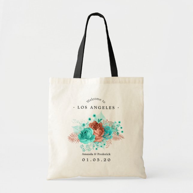 Turquoise and Coral Tropical Wedding Welcome Tote Bag (Front)
