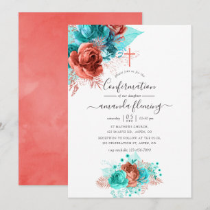Turquoise and Coral Watercolor Floral Confirmation Invitation