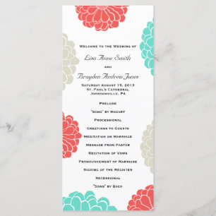 Turquoise and Coral Zinnia Flower Wedding Program Programme