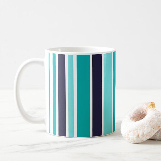 Turquoise And Dark Blue Striped Coffee Mug (With Donut)