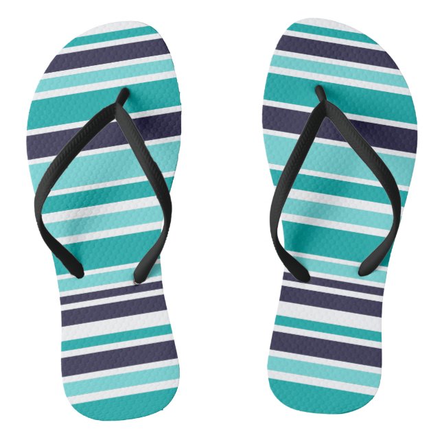 Turquoise And Dark Blue Striped Flip Flops (Footbed)