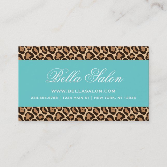 Turquoise and Girly Leopard Print Business Card (Front)