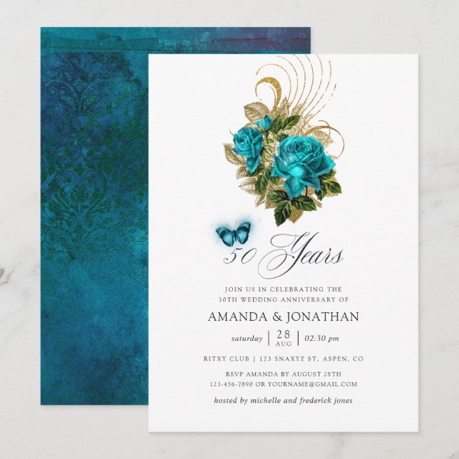 Turquoise and Gold 50th Wedding Anniversary Invitation (Front/Back)