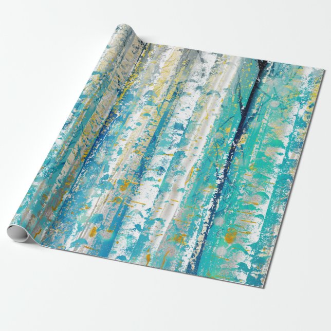Turquoise and Gold Abstract Birch Painting Wrapping Paper (Unrolled)