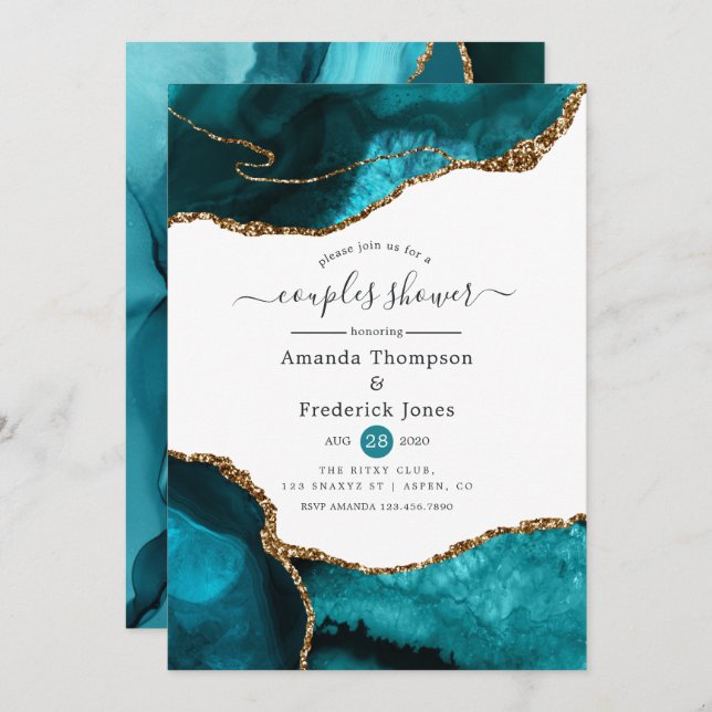 Turquoise and Gold Agate Couples Shower Invitation (Front/Back)