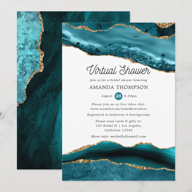Turquoise and Gold Agate Virtual Bridal Shower Invitation (Front/Back)