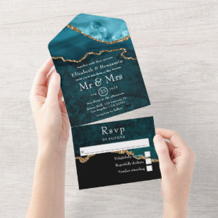 Turquoise and Gold Agate Wedding All In One Invitation