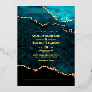 Turquoise and Gold Agate Wedding Foil Invitation
