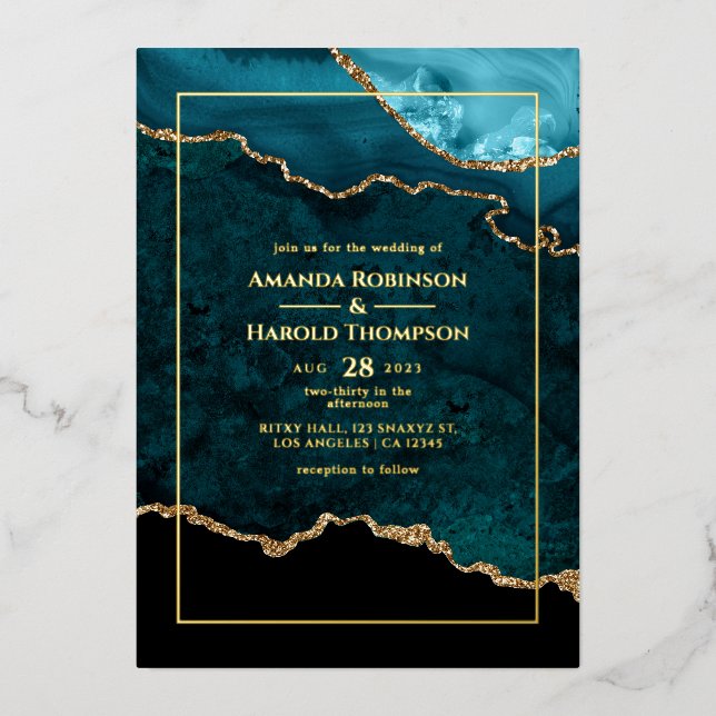Turquoise and Gold Agate Wedding Foil Invitation (Front)