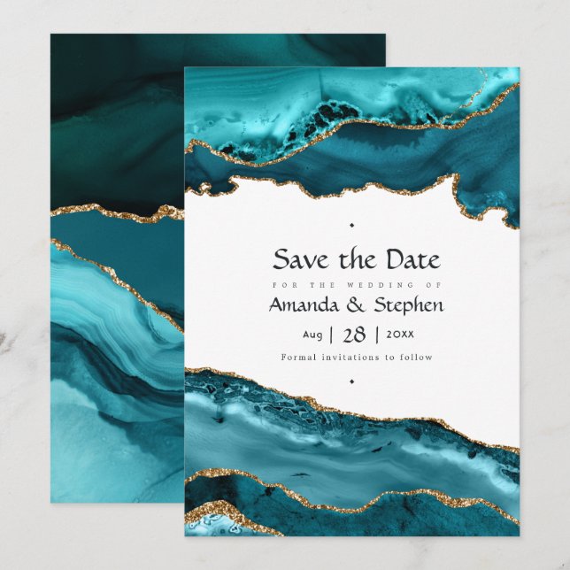 Turquoise and Gold Agate Wedding Save The Date (Front/Back)