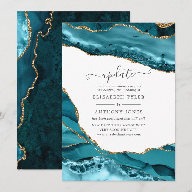 Turquoise and Gold Agate Wedding Update Invitation (Front/Back)