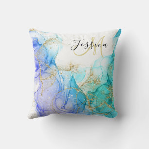 Turquoise and Gold Alcohol Ink & Name Cushion