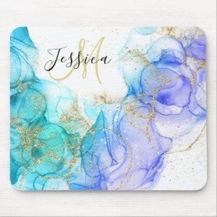 Turquoise and Gold Alcohol Ink & Name Mouse Mat