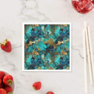 Turquoise and Gold Alcohol Ink Napkin