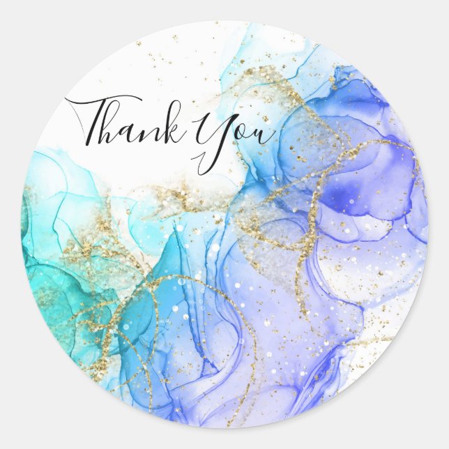 Turquoise and Gold Alcohol Ink Thank You Classic Round Sticker (Front)