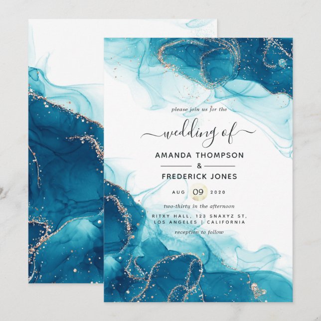 Turquoise and Gold Alcohol Ink Wedding Invitation (Front/Back)